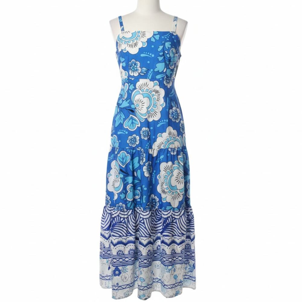 Few Moda Blue White Abstract Floral Midi Dress Spaghetti Strap Smock Mod Small 4